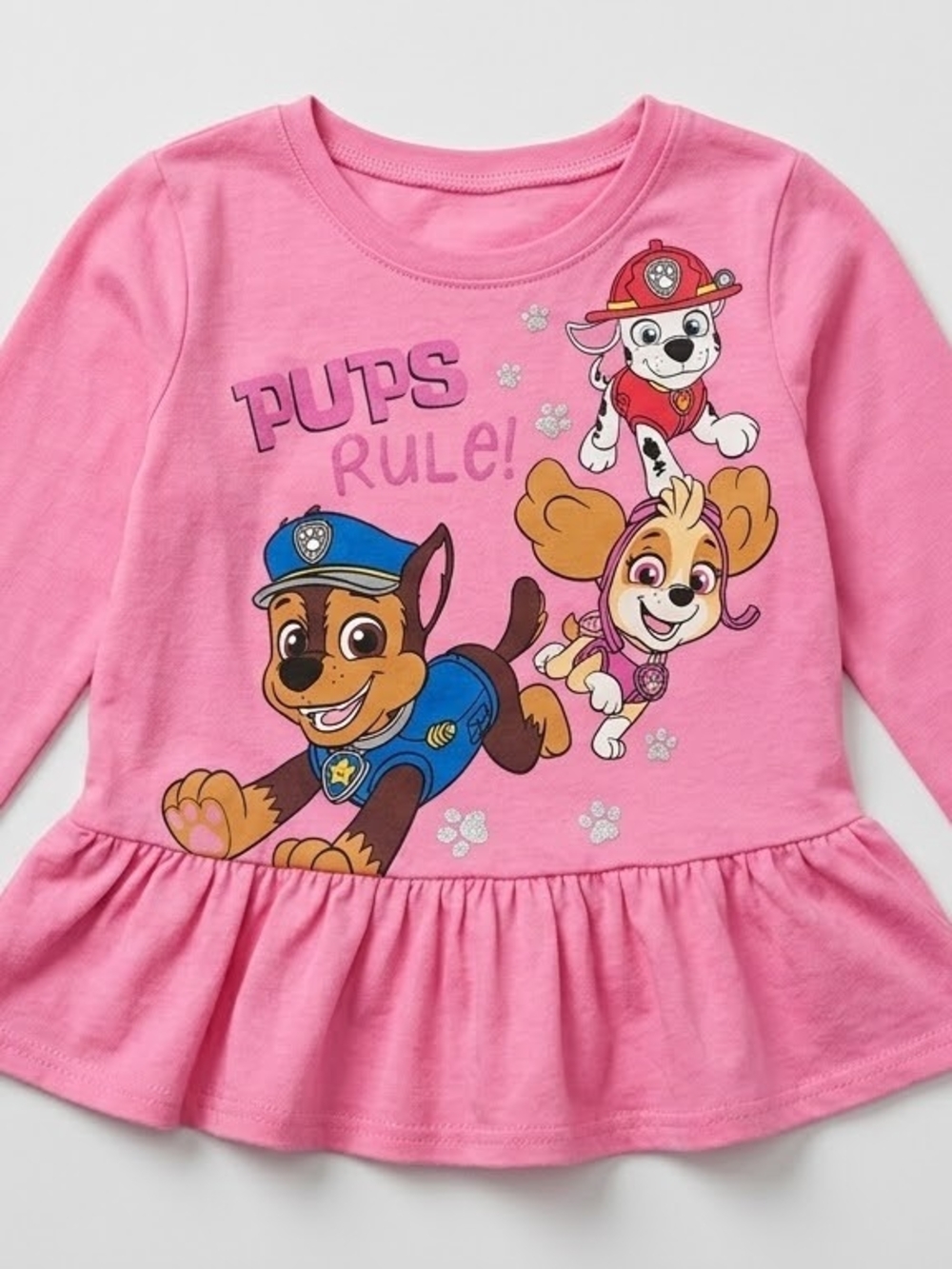 Paw Patrol Pink Peplum Long-Sleeve Top with Pups Rule Graphic